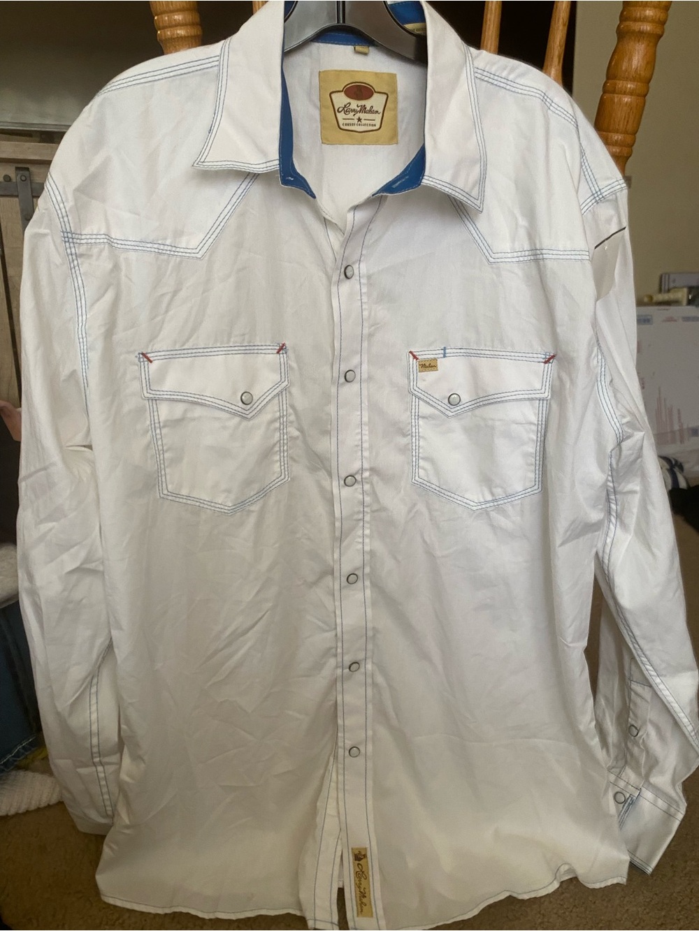 Larry Mahan Cowboy Collection XL White Pearl Snap Western Shirt Blue Stitching